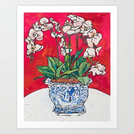 Orchid in Blue-and-white Bird Pot on Red after Matisse Art Print