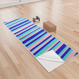 [ Thumbnail: Turquoise, Blue, and Pink Colored Lined/Striped Pattern Yoga Towel ]