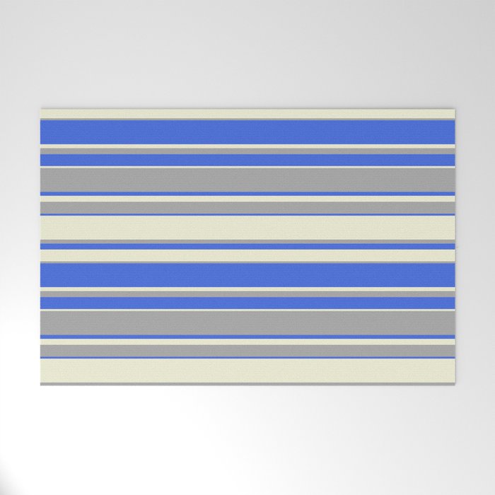 Beige, Dark Grey & Royal Blue Colored Pattern of Stripes Welcome Mat
