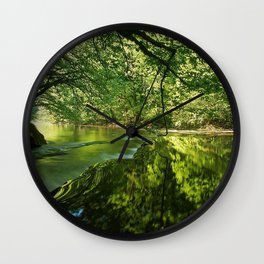 river, trees, light, grass Wall Clock