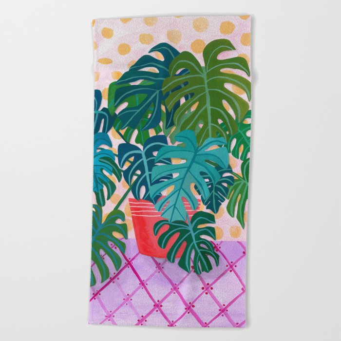 Monstera Houseplant Painting Beach Towel