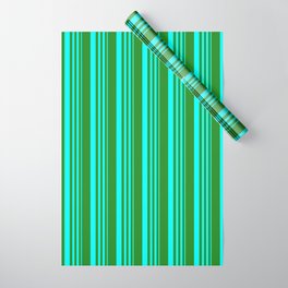[ Thumbnail: Cyan and Forest Green Colored Stripes Pattern Wrapping Paper ]