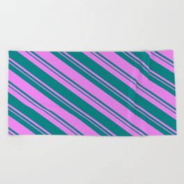 [ Thumbnail: Teal and Violet Colored Striped/Lined Pattern Beach Towel ]