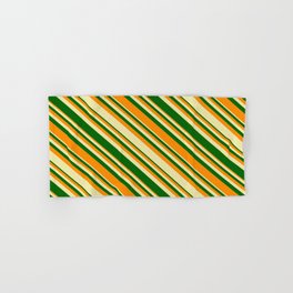 [ Thumbnail: Pale Goldenrod, Dark Green, and Dark Orange Colored Lined/Striped Pattern Hand & Bath Towel ]