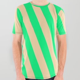 [ Thumbnail: Green and Tan Colored Pattern of Stripes All Over Graphic Tee ]