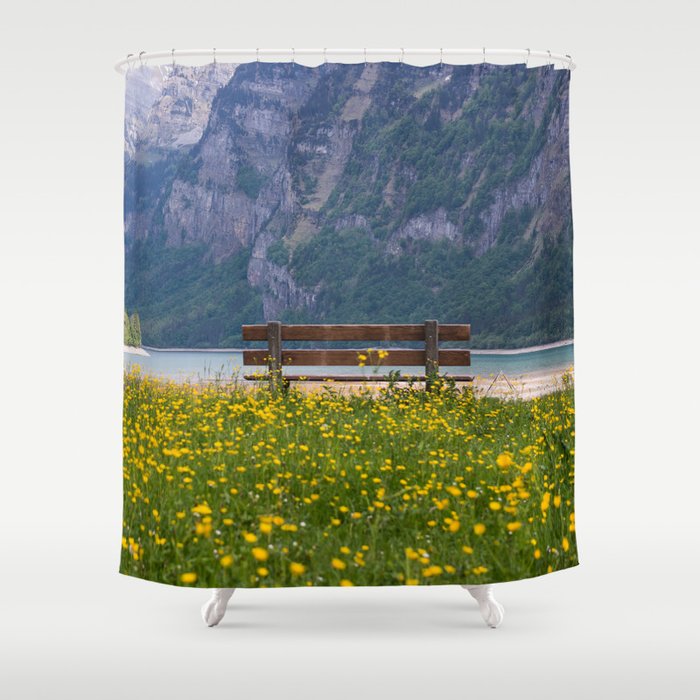 Switzerland Photography - Bench Sitting In The Middle Of A Yellow Flower Field Shower Curtain