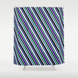 [ Thumbnail: Aquamarine, Indigo, Light Cyan & Black Colored Lined/Striped Pattern Shower Curtain ]