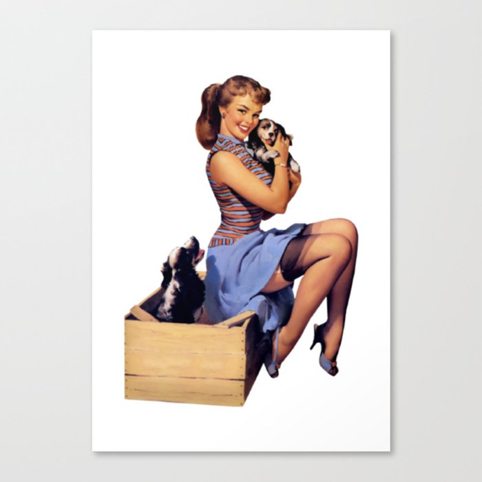 Brunette Pin Up Blue Skirt And Shoes Two Dogs Puppies Canvas Print