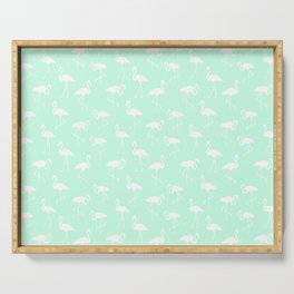 White flamingo silhouettes seamless pattern on mint green background Serving Tray
