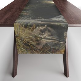 Vintage artwork with statue in forest Table Runner