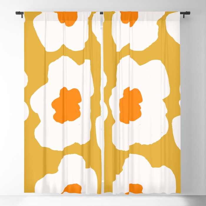 Large Pop-Art Retro Flowers in White on Mustard Yellow Background  Blackout Curtain