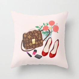 Classic Friday Night, bag, shoes, flower, make up, lipstick art print, girly illustration Throw Pillow