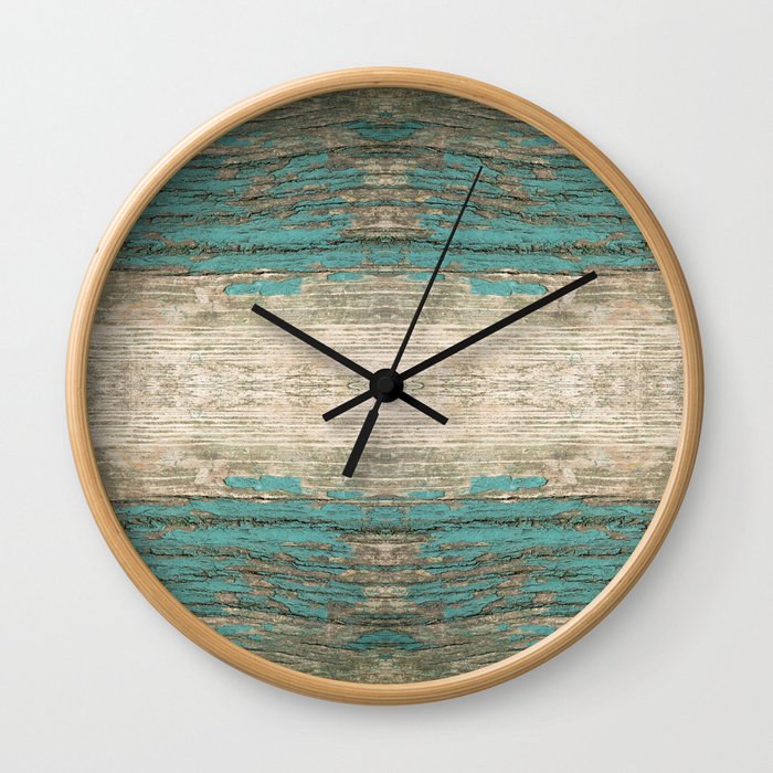 Rustic Wood - Weathered Wooden Plank - Beautiful knotty wood weathered turquoise paint Wall Clock