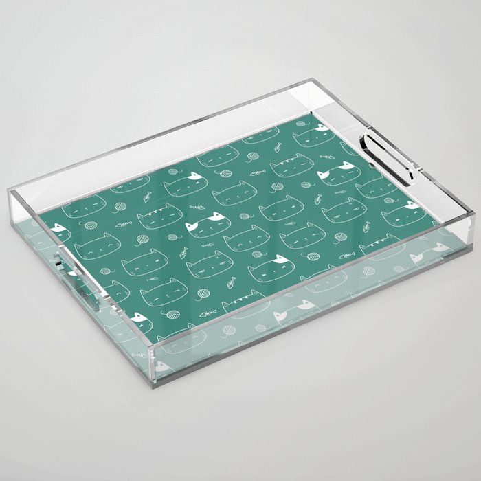 Green Blue and White Doodle Kitten Faces Pattern Acrylic Tray