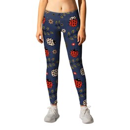 Ladybug and Floral Seamless Pattern on Navy Blue Background Leggings