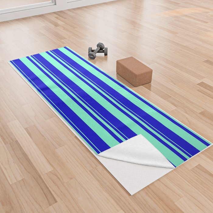 Aquamarine and Blue Colored Striped Pattern Yoga Towel