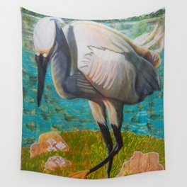 Egret Ready to Strike Wall Tapestry