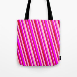 [ Thumbnail: Fuchsia, Crimson, and Pink Colored Striped/Lined Pattern Tote Bag ]