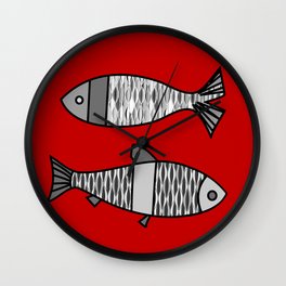 Retro Modern Fish, Deep Red and Gray / Grey Wall Clock