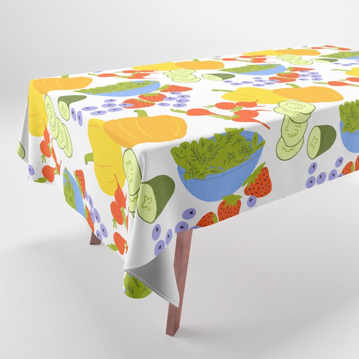 Mid-Century Modern Fruits and Vegetables White Tablecloth