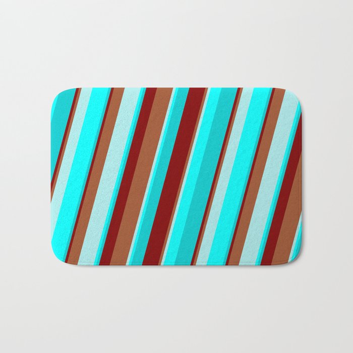 Maroon, Sienna, Turquoise, Cyan, and Dark Turquoise Colored Stripes/Lines Pattern Bath Mat