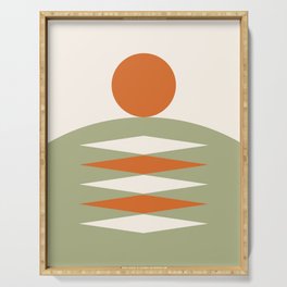 Abstract Geometric Sunrise 16 in Sage Green Orange Serving Tray