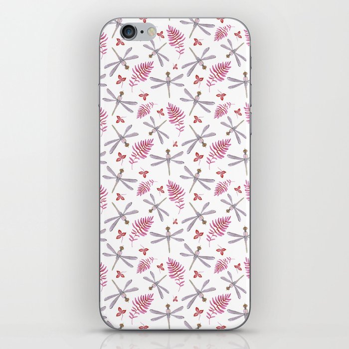 Watercolor gray dragonfly burgundy pink tropical foliage  iPhone Skin