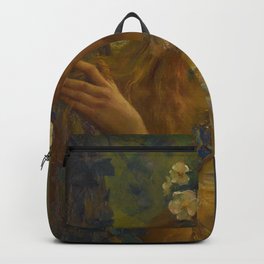The Light at the End of the Tunnel; Young Woman Dreams in the Woods floral portrait painting by Gaston Bussière  Backpack