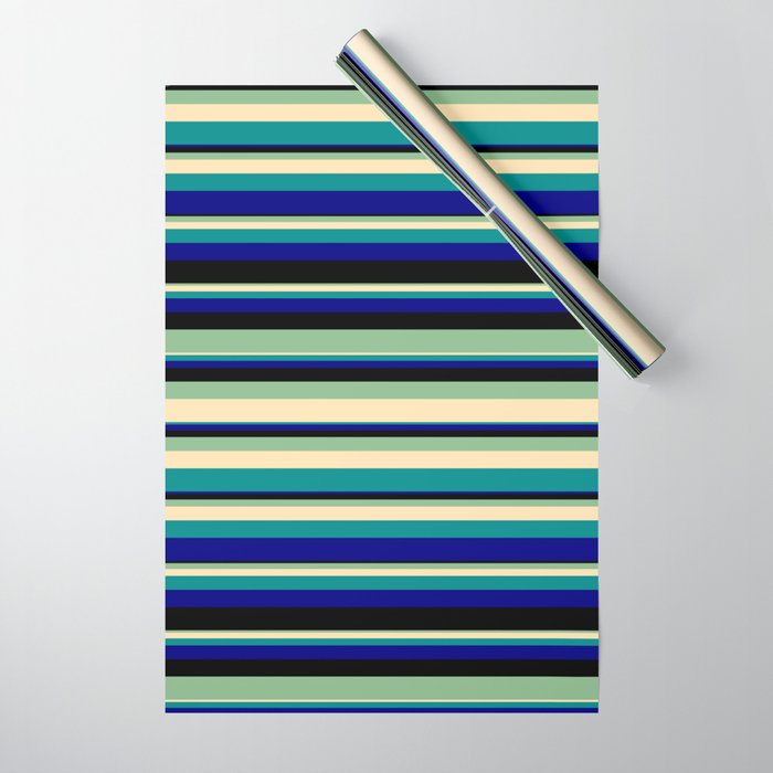 Vibrant Dark Sea Green, Beige, Dark Cyan, Blue & Black Colored Striped/Lined Pattern Wrapping Paper