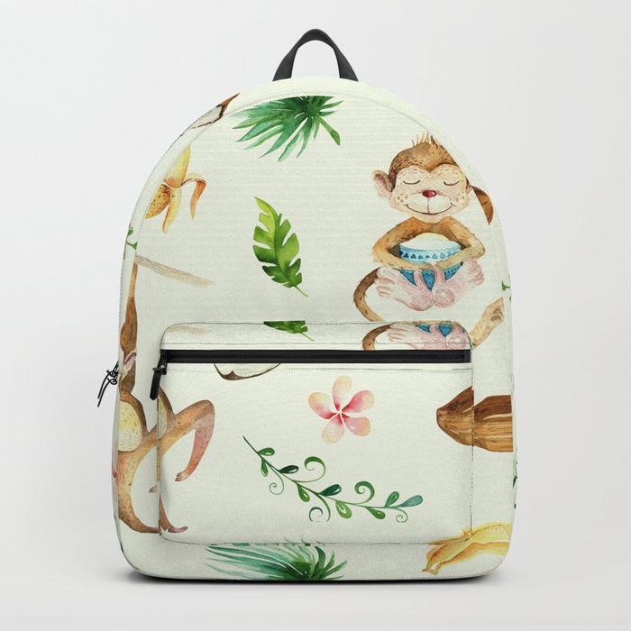 Tropical hand painted floral monkeys coconut pattern Backpack