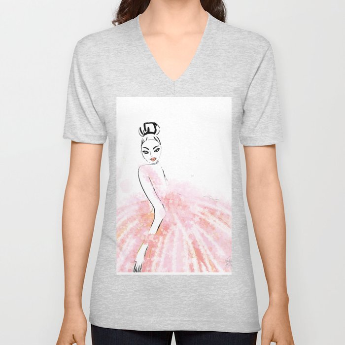 big pink blush fashion dress with flowers V Neck T Shirt