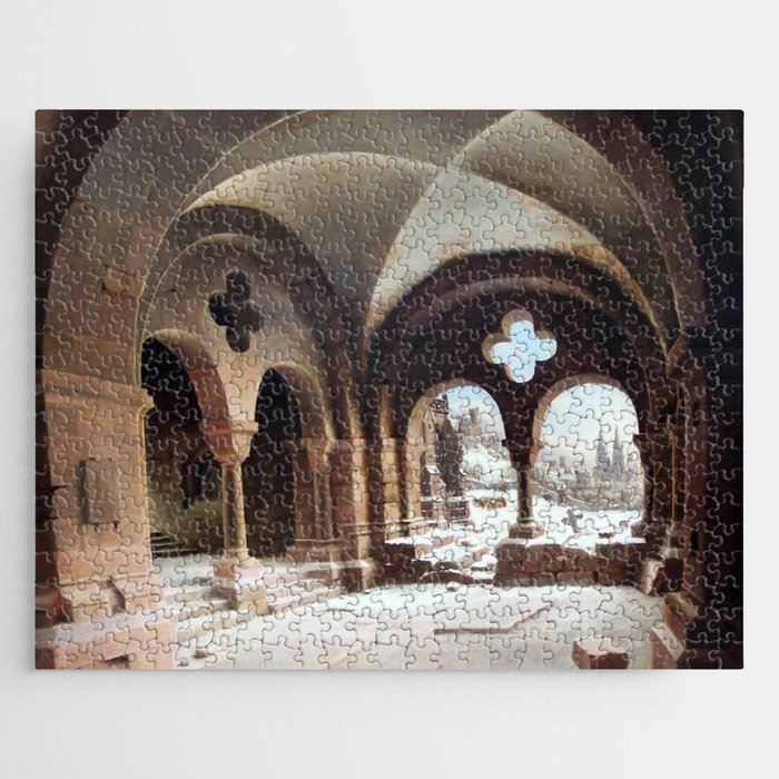  Klosterkreuzgang im Winter mit Blick auf eine zweitürmige Kathedrale - Carl Georg Hasenpflug Jigsaw Puzzle