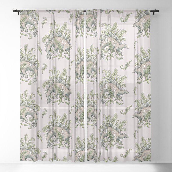 Stegosaurus & Ferns Dinosaur Botanical Art Sheer Curtain by