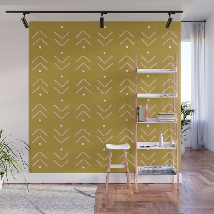 Arrow Geometric Pattern 10 in Gold Green Olive Pale Pink Wall Mural
