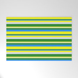 [ Thumbnail: Lavender, Forest Green, Blue & Yellow Colored Striped Pattern Welcome Mat ]