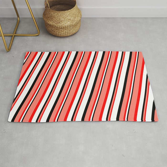 Salmon, Red, White, and Black Colored Striped/Lined Pattern Rug
