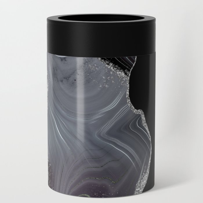 Black & Silver Glitter Agate Texture 02 Can Cooler