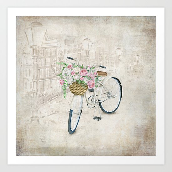 Vintage bicycles with roses basket Art Print