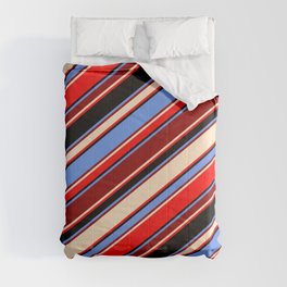 [ Thumbnail: Cornflower Blue, Dark Red, Bisque, Red & Black Colored Stripes Pattern Comforter ]