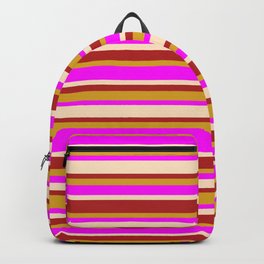 [ Thumbnail: Fuchsia, Bisque, Red, and Goldenrod Colored Lined Pattern Backpack ]