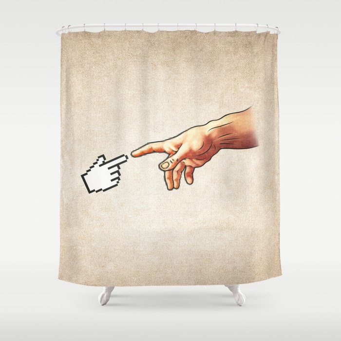 Funny 8bit Nerd & Geek Humor (Creation of Adam Parody) Shower Curtain