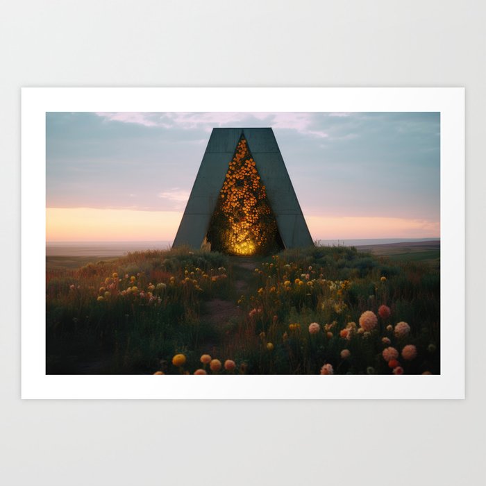 A brutalist monument in a meadow at Sunset  Art Print