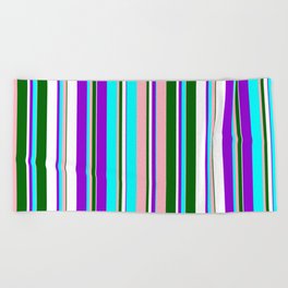 [ Thumbnail: Eye-catching Dark Violet, Cyan, Light Pink, Dark Green, and White Colored Lined Pattern Beach Towel ]