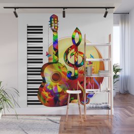 Colorful  music instruments painting, guitar, treble clef, piano, musical notes, flying birds Wall Mural