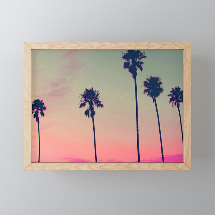 Pink Sunset, Palm Tree Silhouette Encinitas, California - Surfer Framed Mini Art Print