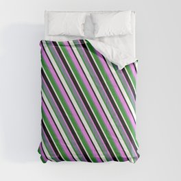 [ Thumbnail: Eye-catching Violet, Slate Gray, Forest Green, White, and Black Colored Stripes/Lines Pattern Comforter ]