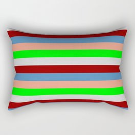 [ Thumbnail: Eye-catching Dark Salmon, Lime, Light Gray, Dark Red, and Blue Colored Lined Pattern Rectangular Pillow ]