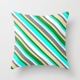 [ Thumbnail: Colorful Grey, Tan, Forest Green, Aqua & White Colored Pattern of Stripes Throw Pillow ]