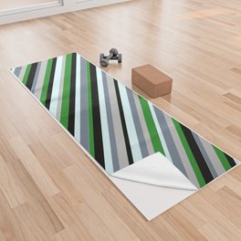 [ Thumbnail: Eye-catching Forest Green, Grey, Slate Gray, Light Cyan & Black Colored Lined/Striped Pattern Yoga Towel ]