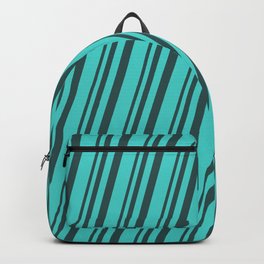 [ Thumbnail: Dark Slate Gray & Turquoise Colored Striped Pattern Backpack ]